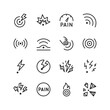 Pain, linear style icons set. The place where pain is manifested. Pain point. Appearance of pain, intensity. Types and location. Sensitive points. Editable stroke width