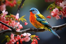 Vivid Bird Resting On Tree Branch. Generative AI