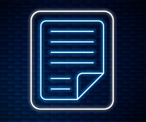 Poster - Glowing neon line File document icon isolated on brick wall background. Checklist icon. Business concept. Vector