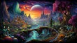 A surreal dreamscape with floating islands, rainbow waterfalls, and gravity-defying landscapes in a technicolor wonderland