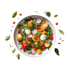 Fresh ingredients and frying pan on white surface look delicious.