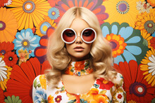 Blonde Frau Mit Sonnenbrille Vor Blumenwand, Blonde Woman With Sunglasses In Front Of Flower Wall,