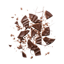 Broken And Cracked Chocolate Pieces On White Backround Viewed From Above.