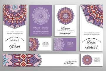 Wall Mural - Big set of greeting Cards or wedding Invitations. Postcards template with inscription Make a Wish, Best Wishes, Happy Birthday. Banner, business cards with mandala ornament. Isolated design elements