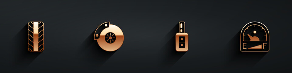 Poster - Set Car tire wheel, brake disk with caliper, key remote and Motor gas gauge icon with long shadow. Vector