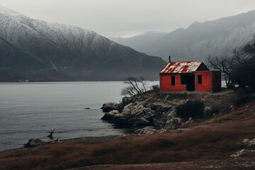 Wall Mural - View of abandoned red house, sea and moody mountains on island, aesthetic look