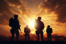 Soldiers' Silhouettes Amidst Sunset Sky - Powerful Imagery.