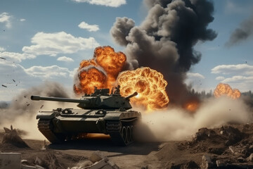 Wall Mural - Modern tank firing at target, explosive smoke rings frame the military operation. (86 characters)