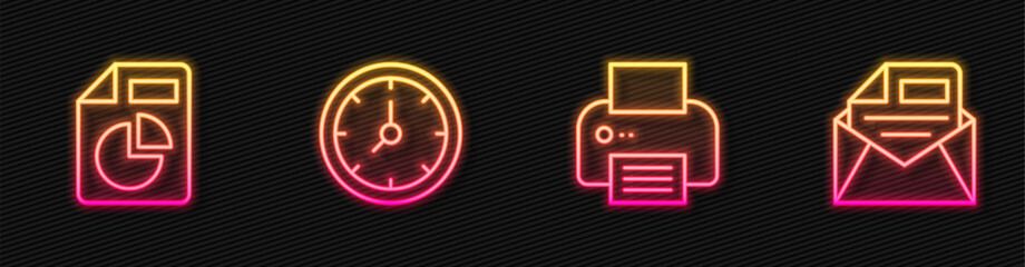 Poster - Set line Printer, Document with graph chart, Clock and Mail and e-mail. Glowing neon icon. Vector