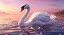 A cartoon art style image of a graceful swan gliding on a peaceful lake, leaving a trail of heart-shaped ripples