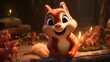 A cartoon art style image of a playful squirrel storing acorns in a tree trunk, with a mischievous grin on its face