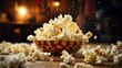 A mouthwatering close-up cinematic photography commercial setting capturing the irresistible allure of freshly popped popcorn