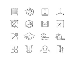 spaces, area, measuremnt icon collection containing 16 editable stroke icons. perfect for logos, sta