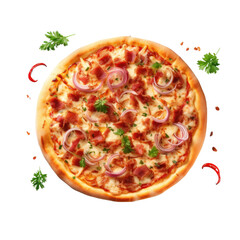 Spicy pizza with ingredients, freshly baked, against white backround.