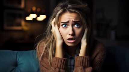 Wall Mural - A young scared and surprised woman