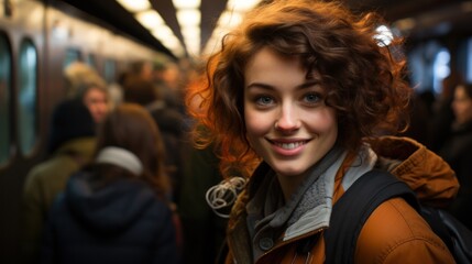 Wall Mural - Young girl using public transport