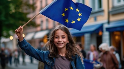 Group of people protesting with European union flag