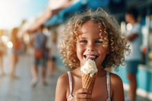 Satisfied Cheerful Carefree Happy Child Eating Ice Cream Outdoors