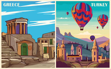 Set Of Travel Destination Posters In Retro Style. Crete, Greece, Cappadocia, Turkey Prints. European Summer Vacation, International Holidays Concept. Vintage Vector Colorful Illustrations.