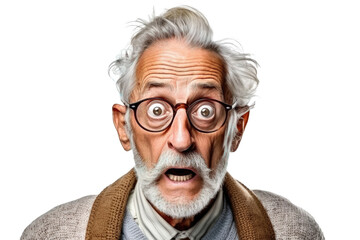 Portrait of amazed old man with an open mouth and round big eyes wearing eyeglasses on a transparent background