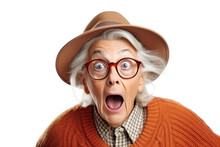 Portrait Of Amazed Old Woman With An Open Mouth And Round Big Eyes Wearing Hat And Eyeglasses On A Transparent Background
