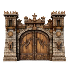 3D Rendered Closed Wooden Gate Of A Medieval Castle On White Backround.