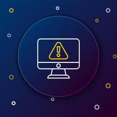 Poster - Line Computer monitor with exclamation mark icon isolated on blue background. Alert message smartphone notification. Colorful outline concept. Vector