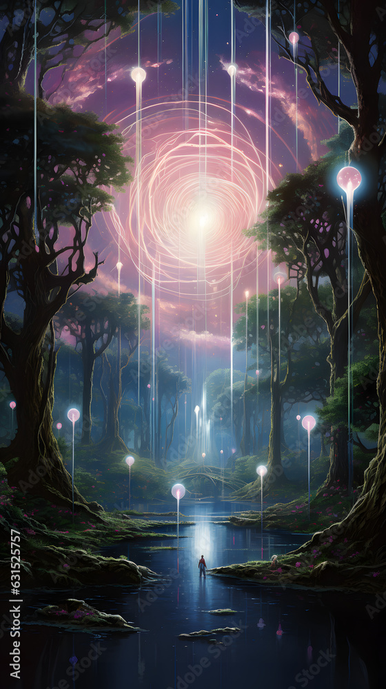 Enchanted magical woodland landscape with a river and big trees with an ...