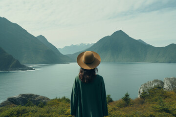 Wall Mural - Woman in hat and green jacket staying on the small island looking at the ocean and mountains at the end of the world, aesthetic look