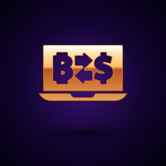 Poster - Gold Cryptocurrency exchange icon isolated on black background. Bitcoin to dollar exchange icon. Cryptocurrency technology, mobile banking. Vector