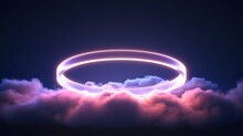 3d Render, Abstract Cloud Illuminated With Neon Light Ring On Dark Night Sky. Glowing Geometric Shape, Round Frame