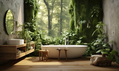 Wall Mural - modern comfortable bathroom interior with a tub decorated with green plants and walls, fictional interior created with generative ai