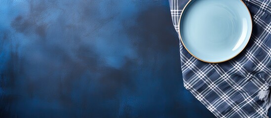 Aufkleber - The table setting background is a light plate placed on a blue stone table with a blue checked