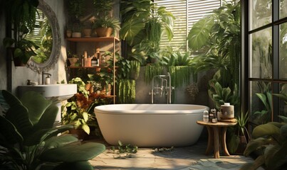 Wall Mural - modern comfortable bathroom interior with a tub decorated with green plants and walls, fictional interior created with generative ai