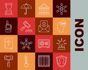 Wall Mural - Set line User protection, Flasher siren, Head with law, Courthouse building, Judge gavel, Walkie talkie, Old hourglass and The arrest warrant icon. Vector