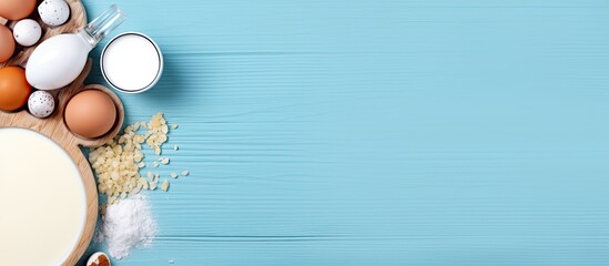 Aufkleber - dairy products, including milk, cottage cheese, and eggs, placed on a blue background. The view