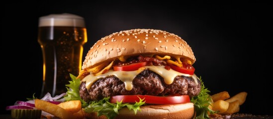 Poster - Burger and beer. A side view of a hamburger made with beef, cheese, onion, tomato, and green