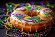 Mardi Gras King Cake with Festive Sparkle and Bling - Celebrate Louisiana Carnival with Yellow, Green and Purple Sprinkles and Fleur de Lis Beads. Generative AI