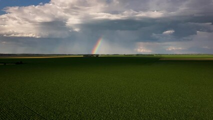 Wall Mural - Aerial view of a rainbow over a vast land of crops in the countryside in summer in the Midwest