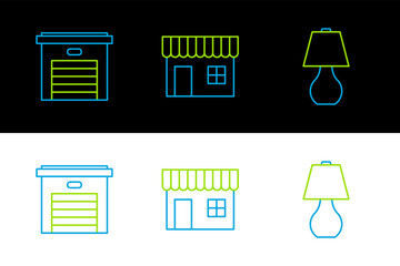 Poster - Set line Table lamp, Garage and Shopping building or market store icon. Vector