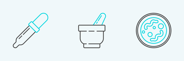 Poster - Set line Bacteria, Pipette and Mortar and pestle icon. Vector