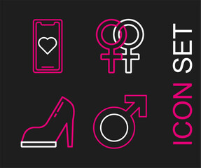 Canvas Print - Set line Male gender symbol, Woman shoe with high heel, Female and Mobile phone heart icon. Vector