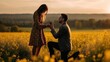 Man propose marriage with girlfriend, man stand on his knee at flower field