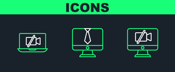 Poster - Set line Video camera Off on computer, laptop and chat conference icon. Vector