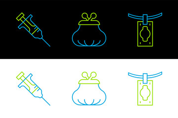 Sticker - Set line Money laundering, Syringe and Wallet icon. Vector