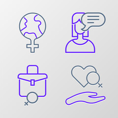 Poster - Set line Heart with female gender, Work for, Female opinion and Feminism the world icon. Vector