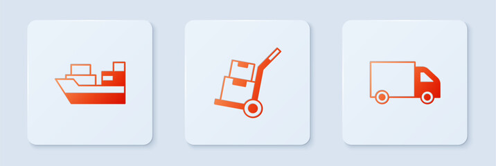 Sticker - Set Hand truck and boxes, Cargo ship with delivery and Delivery cargo. White square button. Vector