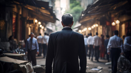 Wall Mural - backside of business man at  street of business district with bokeh light background