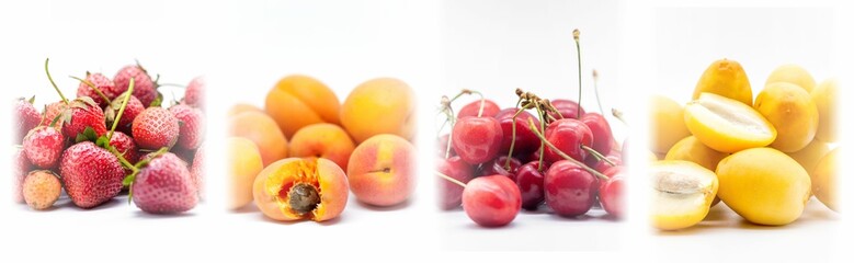 Wall Mural - Set of ripe, fresh apricots, strawberries, peaches and cherries on a white background