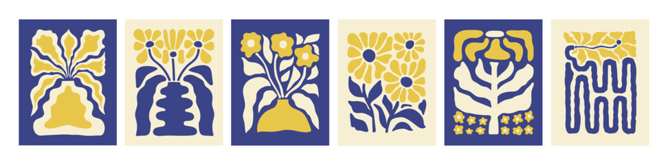 Poster - Abstract botanical set posters with various blossom groovy flowers. Naive art decor. Trendy hand drawn vector illustration. Blue and yellow colors